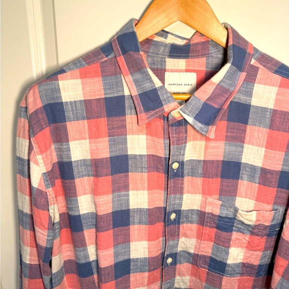 AMERICAN EAGLE OUTFITTERS- Men’s 2XL Pink and Blue Plaid Button Down Shirt - Picture 1 of 8